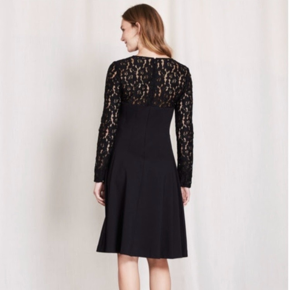 Boden Floral Lace Upper A-Line Pleated Longsleeve Black Dress - Size 6 R - Picture 2 of 11